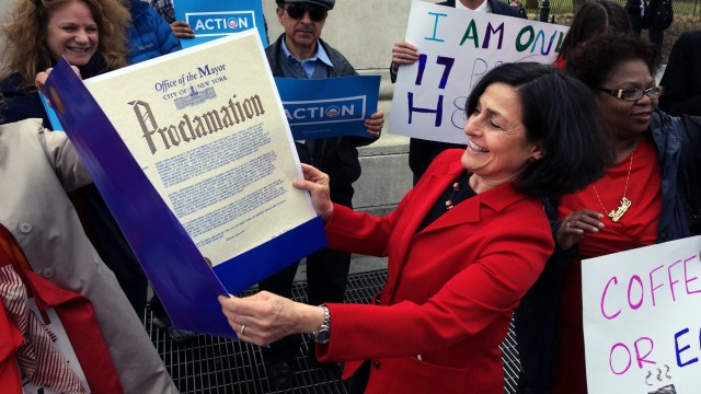 Mayor de Blasio's Equal Pay Day Proclamation held by EPCNYC Bev Neufeld