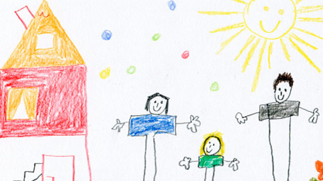 Childrens drawing of happy family and house