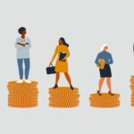 Rich and poor people with different salary, income or career growth unfair opportunity. Concept of financial inequality or gap in earning. Flat vector cartoon illustration isolated.