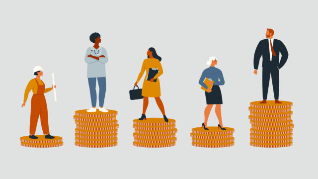 Rich and poor people with different salary, income or career growth unfair opportunity. Concept of financial inequality or gap in earning. Flat vector cartoon illustration isolated.